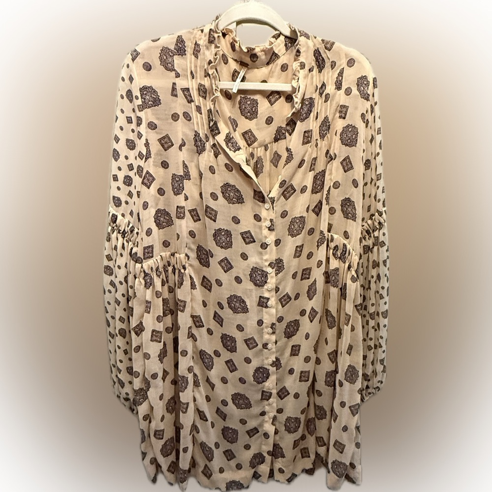 Free People Beige Patterned Tunic Blouse/Dress Large NWOT